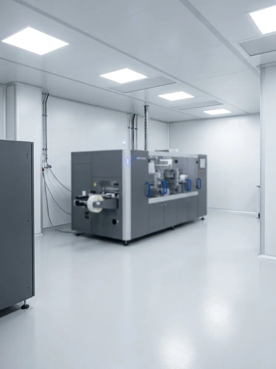 Controlled-environment manufacturing area with clean surfaces and even lighting.