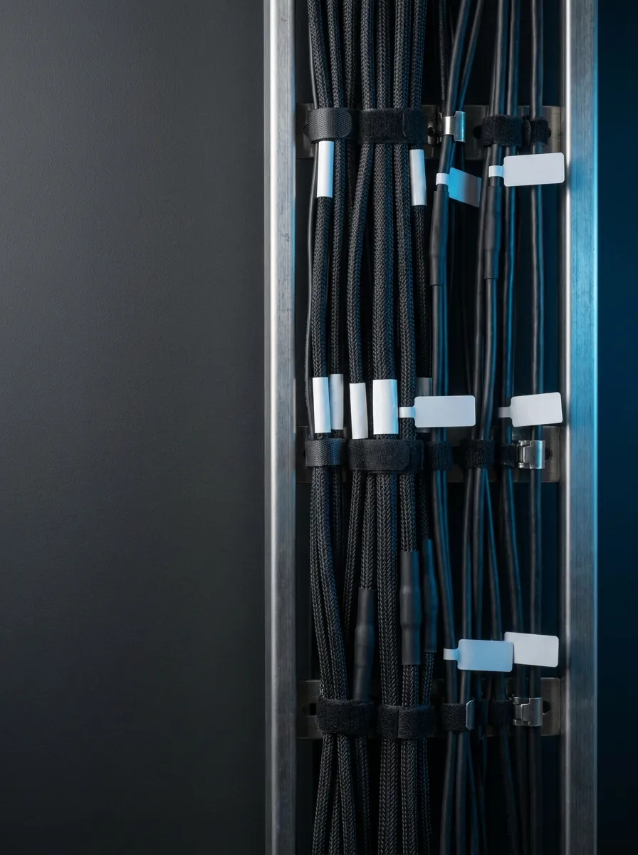 Neatly bundled and individually identified cables on a precision rack.