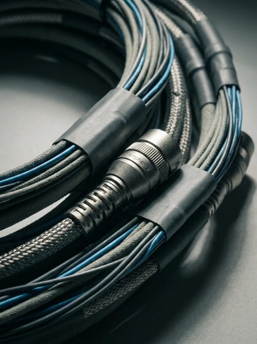Aerospace wiring harness with rugged heat-shrink identification sleeves.