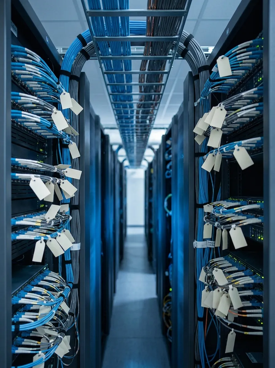 High-density structured cabling in a data center, each run identified.