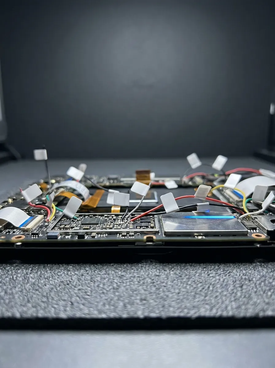 Precision electronics assembly with finely identified wiring.