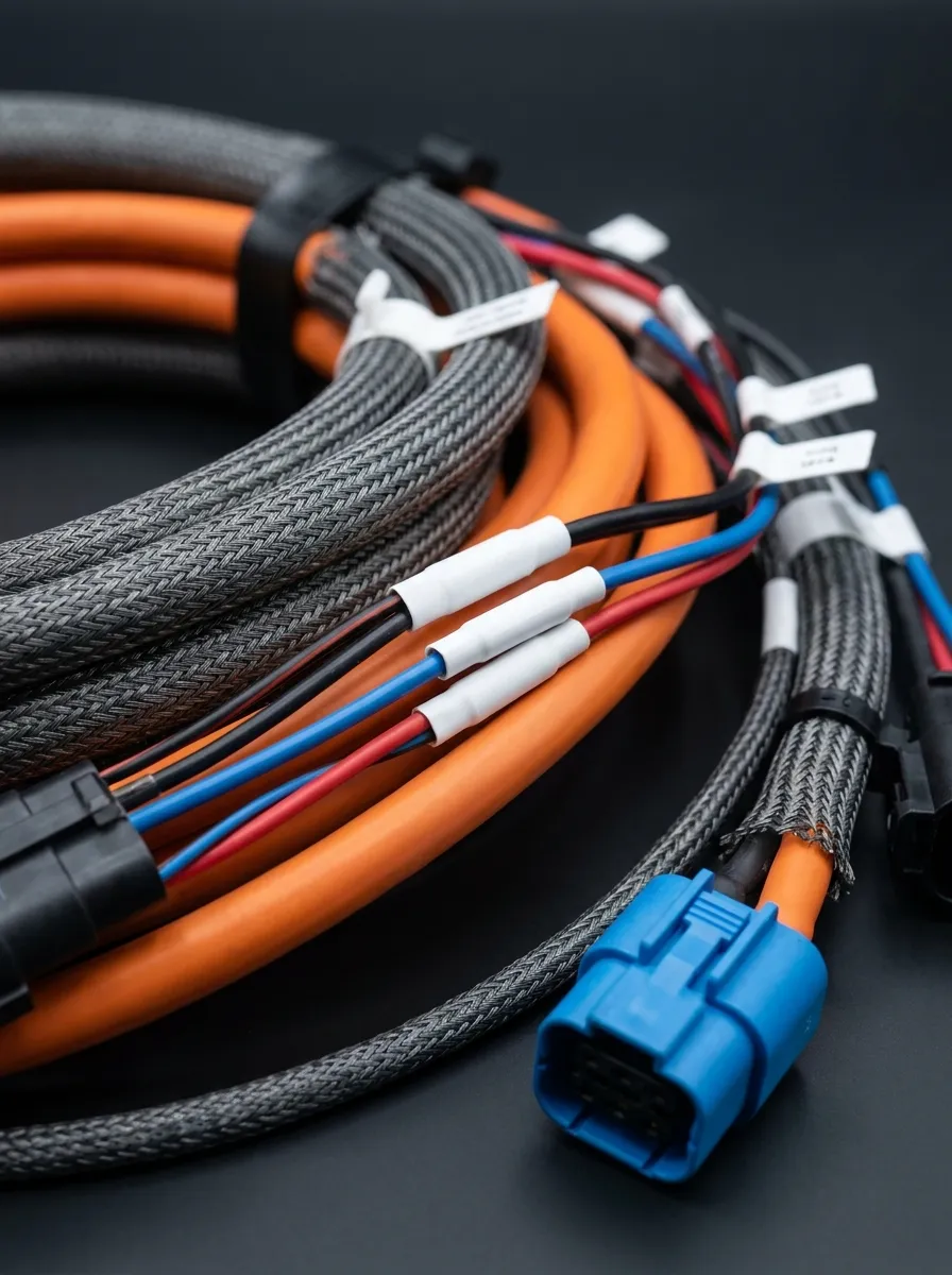 EV high-voltage wiring harness with identified conductors.