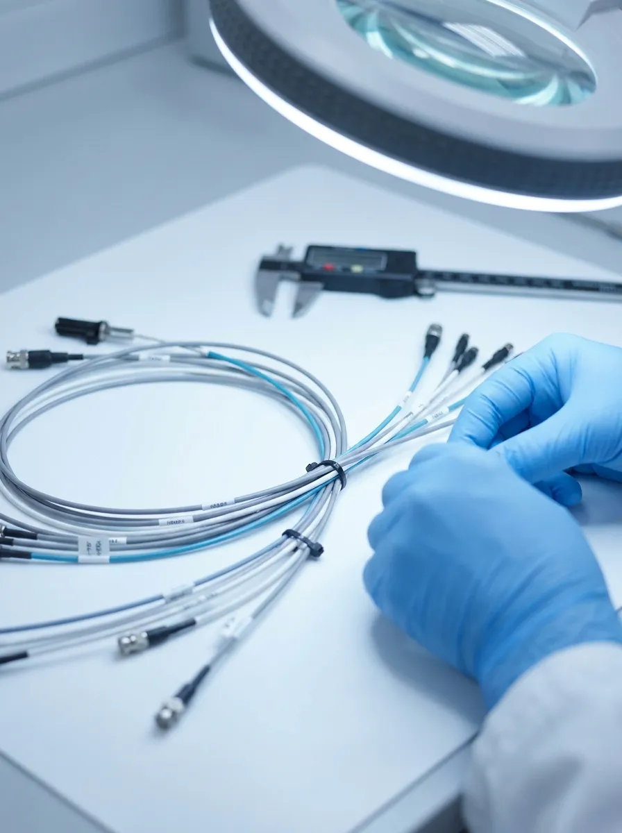 Medical device cable assembly handled in a clean, controlled setting.