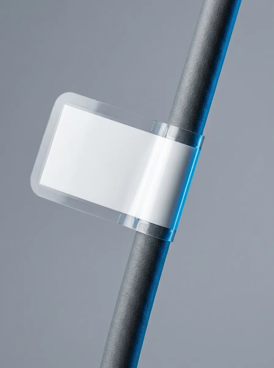 Self-laminating wrap-around label applied to a cable, clear tail sealing the print area.